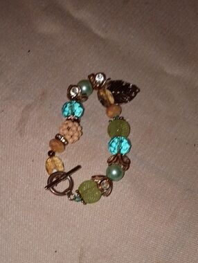 Multi-Color Beaded Leaf Charm Bracelet - Green & Turquoise
